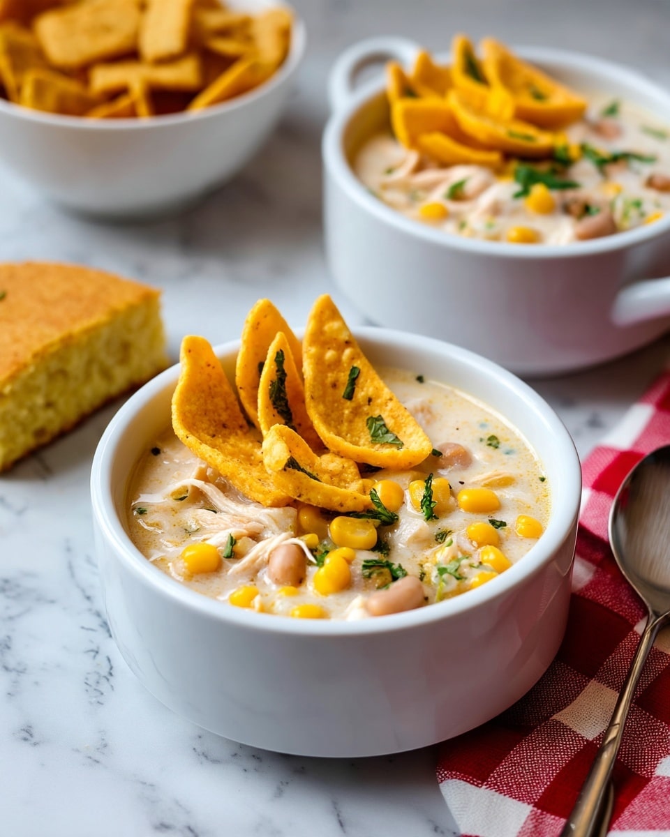 Two white bowls with handles are filled with creamy white soup that has small pieces of chicken, beans, and bits of green herbs. Each bowl is topped with a few yellow, crispy chips standing upright, adding texture. Nearby, a white bowl holds extra chips, and a piece of golden cornbread sits on a white marbled surface. A metal spoon rests on a red and white checkered cloth to the side. In the background, part of a green slow cooker is visible with buttons and settings showing. The setting is bright and simple. photo taken with an iphone --ar 4:5 --v 7