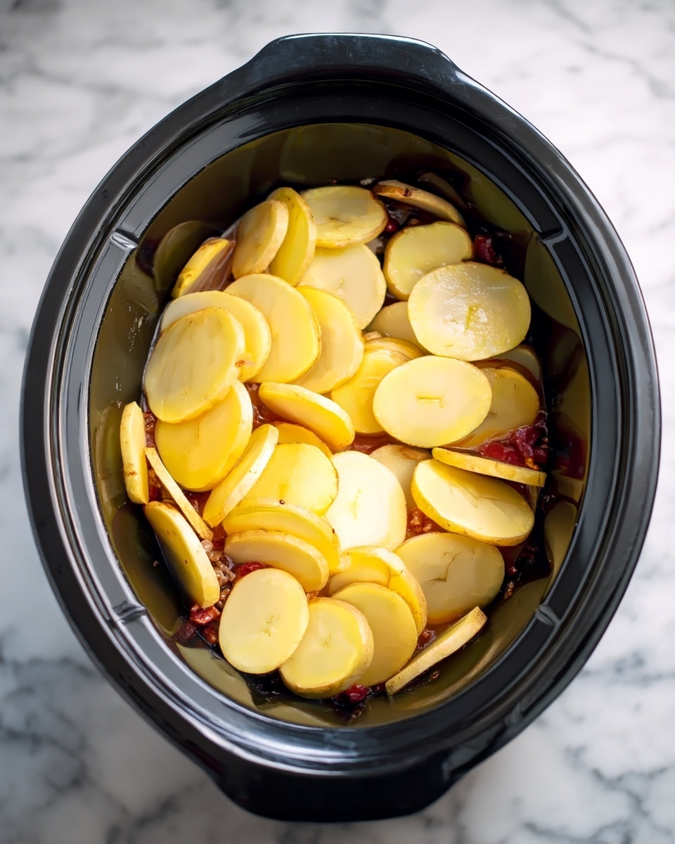 The image shows a close-up of a slow cooker filled with many thin, round slices of yellow potatoes layered on top of each other. The potato slices are smooth and slightly wet, with a few small red chili pieces scattered between the layers, adding a touch of color contrast. The slow cooker is dark, and the photo is taken from above, giving a clear view of the full potato layer. The background under the slow cooker is a white marbled texture. Photo taken with an iphone --ar 4:5 --v 7