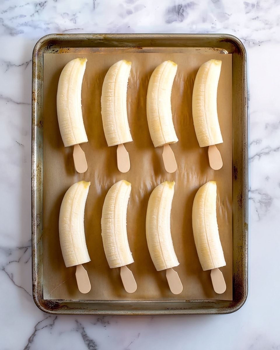 The image shows eight peeled bananas with small wooden sticks inserted in their top ends, arranged neatly in three rows on a sheet of brown parchment paper that covers a metal baking tray. The bananas are uniformly light yellow and curved, each with a smooth texture and no peel. The tray is placed on a white marbled surface, providing a clean and bright background. Photo taken with an iphone --ar 4:5 --v 7