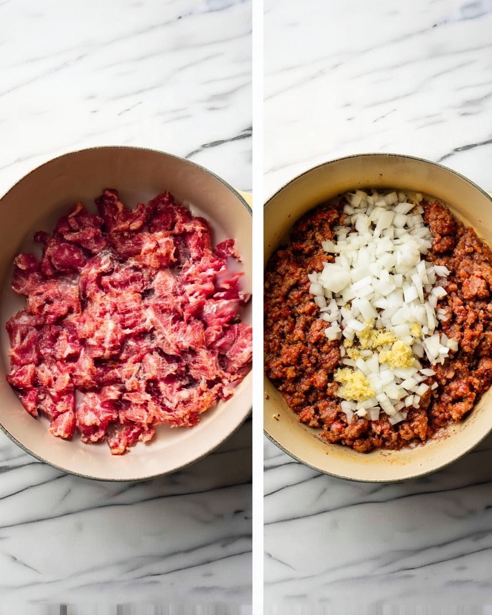 The first image shows a white pot filled with raw ground meat, red and pink in color with some white fat mixed in, spread evenly across the bottom. The pot sits on a white marbled surface. The second image features the same white pot now containing browned ground meat with a crumbly texture, topped with a layer of diced white onions and minced yellow garlic all placed on the right side. The white marbled surface is visible below the pot in both images. Photo taken with an iphone --ar 4:5 --v 7