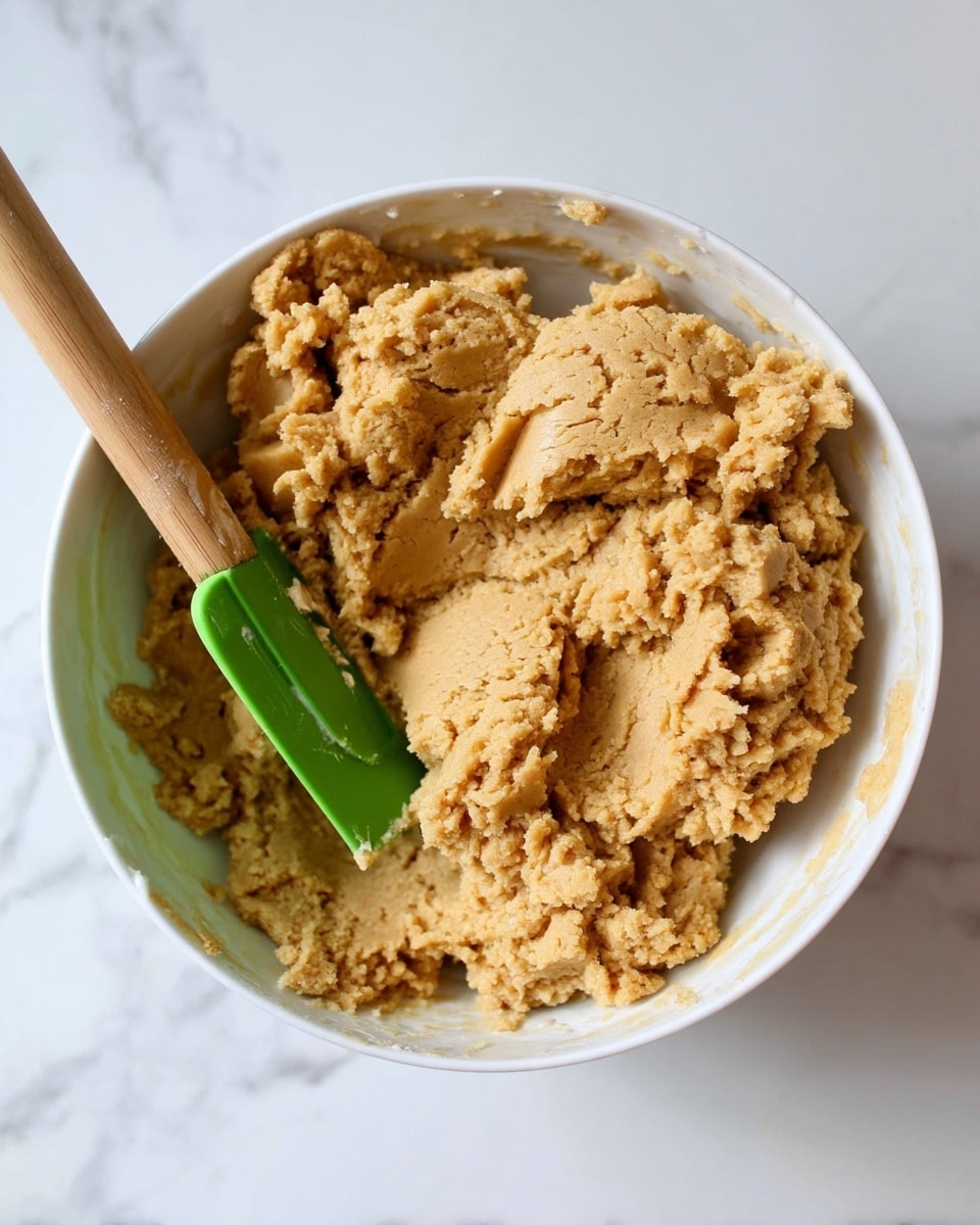 The image shows a close-up of thick, light brown cookie dough with a slightly crumbly texture in a white bowl. A green silicone spatula with a wooden handle is partly visible on the left side, pressing into the dough. The dough looks soft and dense, with uneven edges where the spatula has scooped. The background features a white marbled surface. Photo taken with an iphone --ar 4:5 --v 7