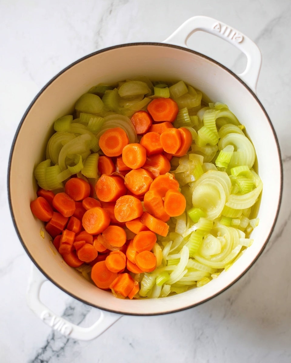 Inside a white pot with a handle, there are three layers of cooked vegetables. The bottom layer is made up of small pieces of translucent onion, showing a soft texture. On top of the onion layer, there are thin slices of pale green celery with a slight shine. The top layer consists of bright orange carrot slices, cut into small rounds, scattered around the celery and onion. The pot is placed on a surface that has a white marbled texture. photo taken with an iphone --ar 4:5 --v 7