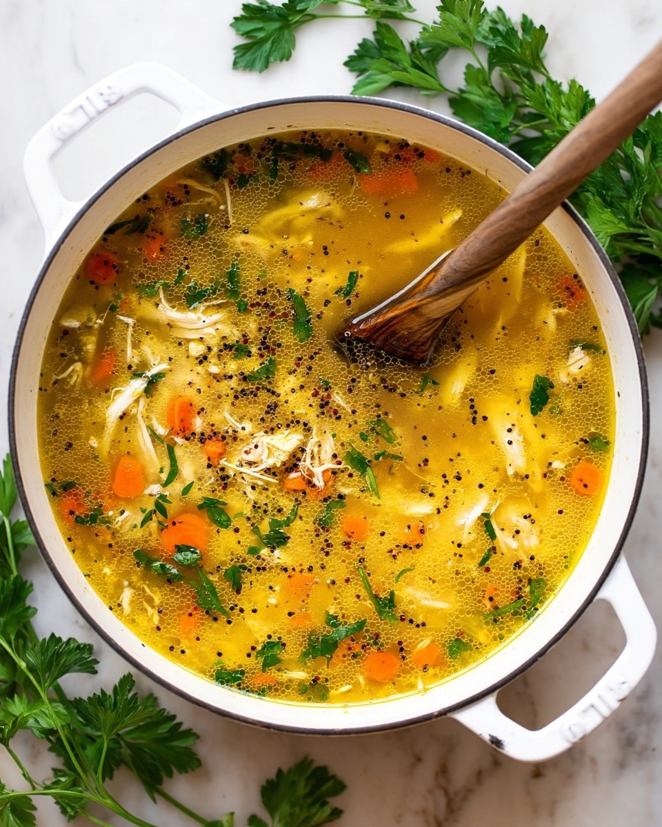 A white pot filled with golden yellow chicken soup containing shredded white chicken meat, small bright orange carrot pieces, and tiny translucent grains of quinoa. On the surface, there are scattered dark black pepper flakes and green chopped parsley leaves. A wooden spoon is partially dipped into the soup on the right side of the pot. The pot is placed on a white marbled surface with a sprig of green parsley nearby. Photo taken with an iphone --ar 4:5 --v 7