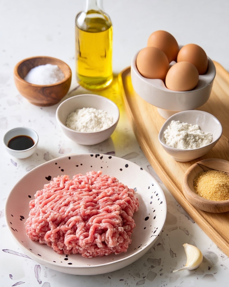 A white speckled plate with light pink ground meat sits on a white marbled surface. Next to it, a wooden board holds a clear bottle of yellow olive oil, a white speckled egg holder with three brown eggs, a small white bowl with flour, a small white bowl with pale beige breadcrumbs, a wooden bowl with yellow seasoning, a wooden bowl with salt and pepper, a small white bowl with dark soy sauce, and a single garlic clove in the center. The scene is bright and clean, featuring natural colors and textures. photo taken with an iphone --ar 4:5 --v 7