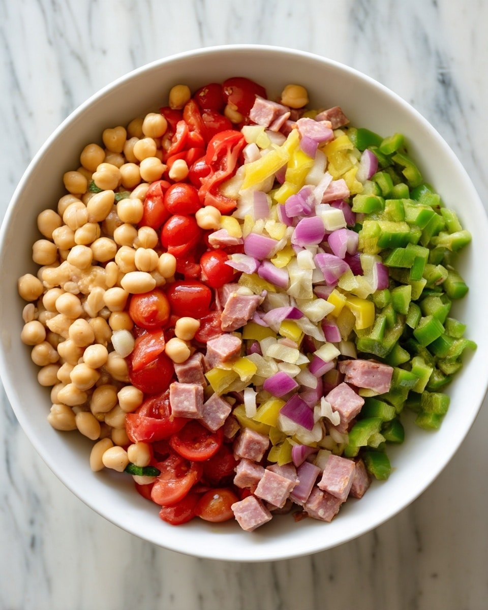 A white bowl is full of a colorful bean salad with three main layers visible: the base layer shows light beige large beans mixed with round chickpeas, the middle layer contains small cube pieces of pinkish meat, green bell pepper and celery, and the top layer is dotted with bright red cherry tomato halves and small bits of purple onion and yellow pepper, all mixed evenly together showing a variety of textures and colors. The bowl is placed on a surface with a white marbled texture, making the colors of the salad stand out. photo taken with an iphone --ar 4:5 --v 7