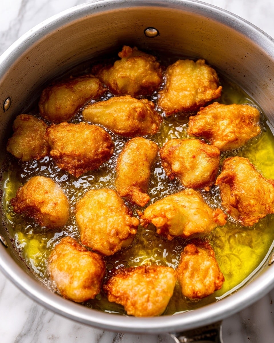 The image shows a large silver pot filled with hot oil frying many pieces of golden brown battered food, likely fried chicken pieces. The pieces are unevenly shaped, some larger and some smaller, and are frying closely together, bubbling in the bright yellow oil. The pot is deep with a smooth inside surface, sitting on a white marbled surface. The crispy texture of the fried pieces is clear, with some darker and lighter spots indicating they are still cooking photo taken with an iphone --ar 4:5 --v 7