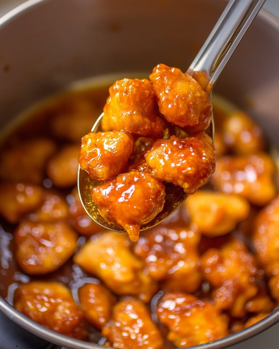The image shows a close-up of many small, golden-brown chicken pieces coated in a thick, shiny orange-brown sauce inside a silver pot. The chicken clusters are irregular shapes with a crispy texture, covered evenly by the glaze, making them look sticky and rich. A silver spoon is lifting a few pieces from the pot, catching the light and highlighting the sauce’s shine. The background is a soft blur of the same silver pot interior. photo taken with an iphone --ar 4:5 --v 7