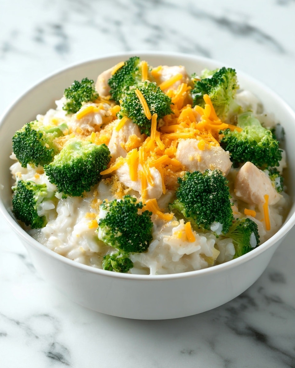 Inside a black slow cooker, a creamy mixture of white rice and chicken fills the space, mixed with bright green broccoli florets scattered evenly. On top, melted orange-yellow shredded cheese is sprinkled in layers, blending softly into the creamy texture below. A silver spoon lifts a scoop from the center, showing the thick, soft consistency with visible chunks of broccoli and cheese strands. The setting is on a white marbled surface. photo taken with an iphone --ar 4:5 --v 7