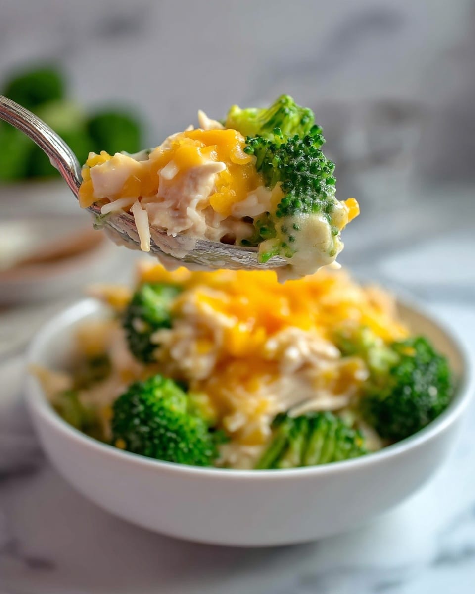 A close-up of a spoon lifting a bite with three visible layers: a top layer with melted light orange cheddar cheese, a thick middle layer of creamy, white chicken, and a bright green broccoli floret tucked beneath. Below the spoon is a white bowl filled with a mix of the same creamy chicken, melted cheddar cheese, and vibrant green broccoli pieces. The background is a white marbled surface with some out-of-focus kitchen items visible. photo taken with an iphone --ar 4:5 --v 7