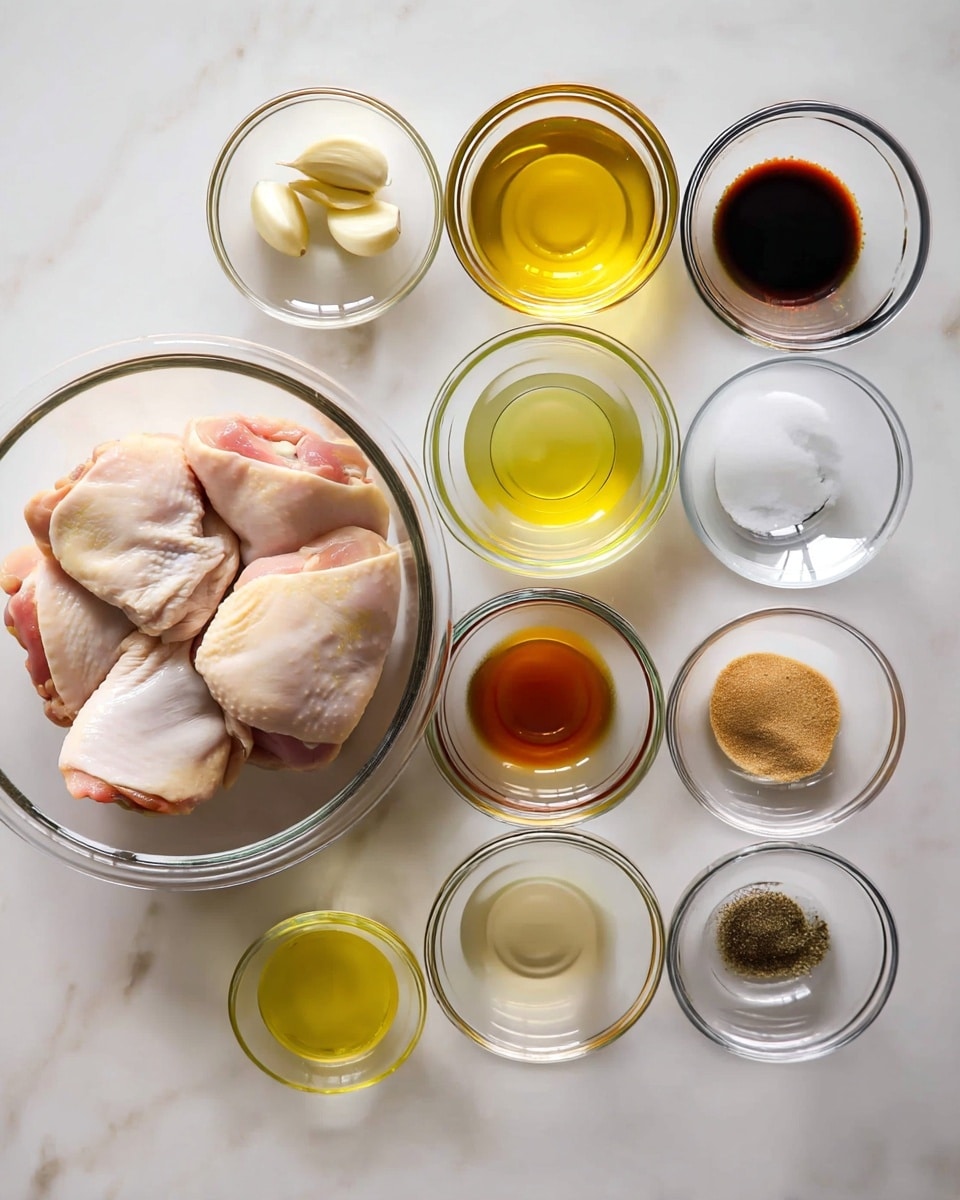 The image shows a white marbled surface with ten clear glass bowls arranged neatly in three rows. The largest bowl on the bottom left holds four raw chicken thighs with skin, light pink with some white fat. To the right of this are three smaller bowls with light yellow, almost clear, liquids. Above these are four more bowls: one with peeled garlic cloves, one with a clear liquid, one with a dark brown sauce, and one with a mix of ground black pepper and salt. The top right bowl contains a light tan powder. The bowls are evenly spaced and the overall look is clean and organized. Photo taken with an iphone --ar 4:5 --v 7