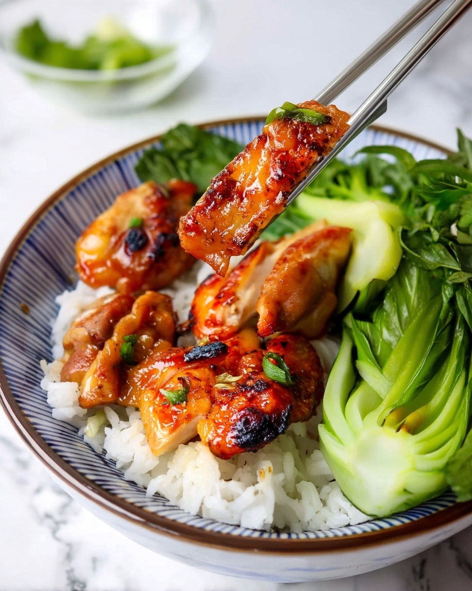 A white bowl with blue stripes edge holds a bed of white rice as the bottom layer, topped with several pieces of golden-brown glazed grilled chicken with visible char marks and small green herb pieces scattered on top; on the side, there are fresh, bright green bok choy leaves and stems. A pair of silver metal chopsticks lift one piece of chicken, showing its shiny, slightly sticky texture with a small green herb on it. The background is a white marbled surface with a blurred small white bowl of green garnish in the top left corner. Photo taken with an iphone --ar 4:5 --v 7