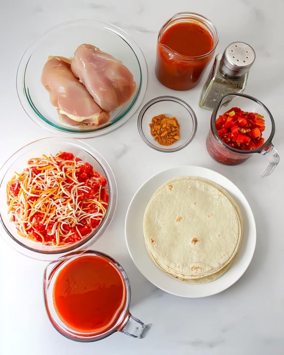 The image shows several clear glass bowls and a white plate on a white marbled surface. One bowl holds two raw pale pink chicken pieces with smooth texture. Another bowl has bright red shredded cheese with a mix of white. A small measuring cup contains finely chopped red peppers. A larger measuring cup is filled with smooth red sauce. A small glass bowl contains a small pile of light brown spice powder. Next to these bowls are two tall clear jars with black lids, one filled with pepper and the other with salt. A stack of white tortillas sits near the center. Photo taken with an iphone --ar 4:5 --v 7