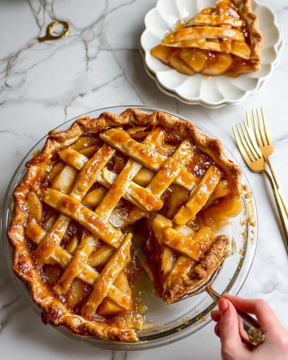A white plate holds a slice of apple pie with a golden-brown, flaky crust on top and a soft, warm apple filling visible below. There is a large scoop of creamy vanilla ice cream sitting on the pie slice, with caramel sauce drizzled over the ice cream and the pie. A gold fork is touching the pie slice, pressing gently into the crust and filling. In the blurred background, a whole apple pie with a braided crust pattern is visible in a clear pie dish. All items are placed on a surface with a white marbled texture. Photo taken with an iphone --ar 4:5 --v 7