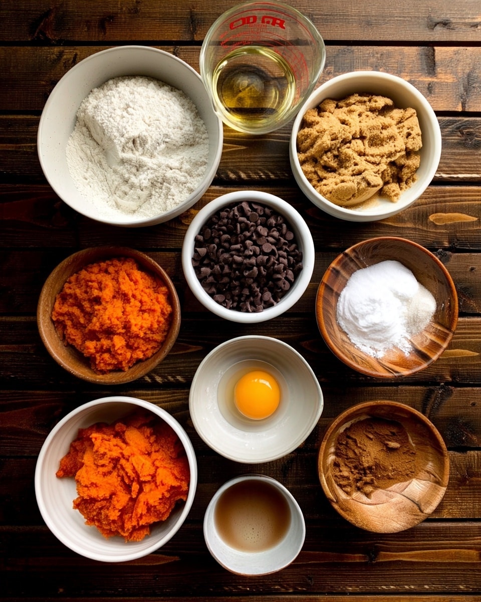 The image shows a wooden table with several small bowls and a single egg arranged neatly. Starting from the top left, there is a white bowl filled with white flour, next to it on the right is another white bowl with light brown sugar, followed by a clear glass measuring cup with a light yellow oil. Below the flour bowl is a white bowl of small dark chocolate chips, then a white bowl of white granulated sugar to its right. Below these bowls is a round wooden bowl containing white baking soda and another powder, and next to it on the right is another wooden bowl filled with brown cinnamon powder. At the bottom left there is a white bowl filled with bright orange pumpkin puree and at the center bottom is a small cup with a brown liquid. The egg is placed in the middle of the layout on the wooden table. The background surface is wooden. photo taken with an iphone --ar 4:5 --v 7