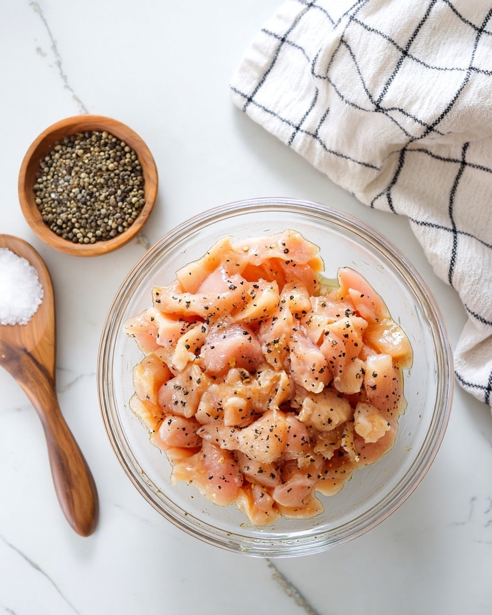 A clear glass bowl filled with small pieces of raw chicken coated in a light, shiny sauce and sprinkled with black pepper. The chicken pieces are pale pink with some white patches and are unevenly sized. To the left, there is a small round wooden bowl holding coarse salt and black pepper. On the right side, a white and black checkered cloth is casually placed on a white marbled surface. The overall scene is bright and clean with soft natural light. photo taken with an iphone --ar 4:5 --v 7