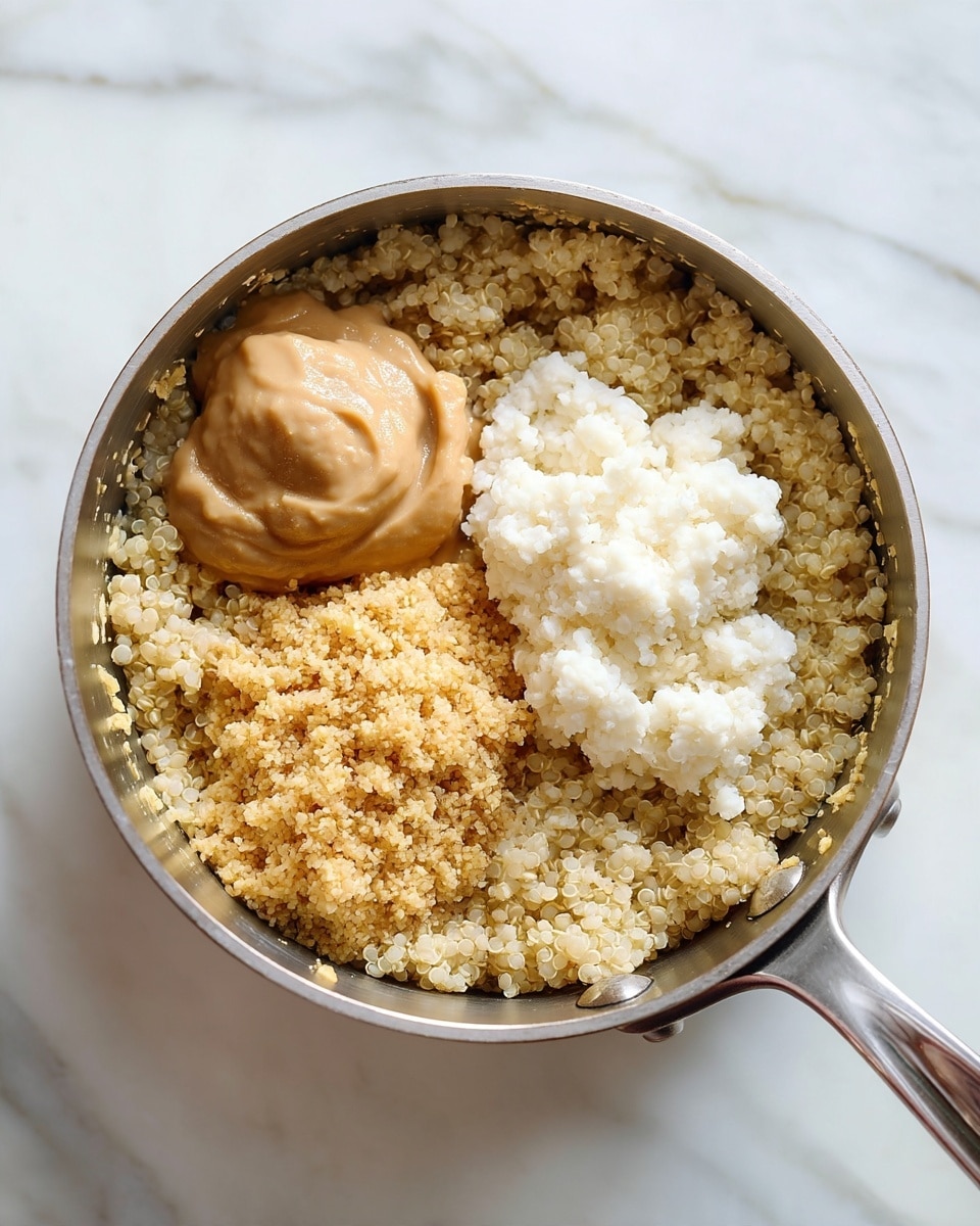 A silver pot filled with cooked quinoa forms the base layer, light beige and fluffy with visible grains. On top, three dollops sit side by side: one is creamy and brownish, another is a small white mound with a smooth texture, and the last is yellowish and crumbly, resembling finely mashed or grated ingredient. The pot is placed on a white marbled surface. Photo taken with an iphone --ar 4:5 --v 7
