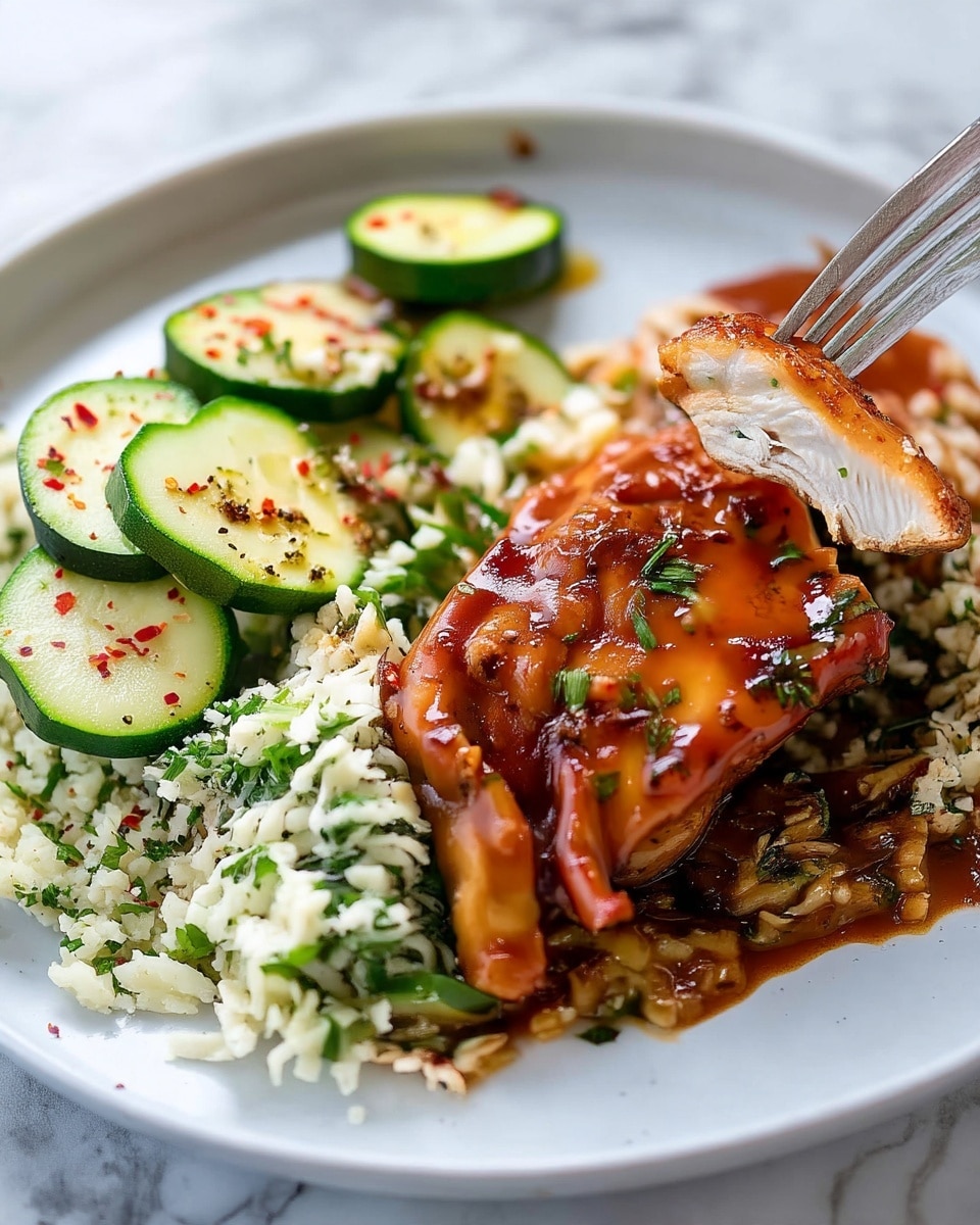 A white plate holds a meal with three main layers: on the left side, a layer of green zucchini slices sprinkled with red chili flakes; next to it is a large portion of creamy, finely chopped cauliflower rice mixed with green herbs, covering the middle and right parts of the plate; on top of the cauliflower rice, a thick, juicy piece of cooked chicken with golden brown skin is coated in a shiny, rich brown sauce, garnished with small green herb bits. A fork is lifting a slice of the chicken showing its moist inside. The plate rests on a white marbled surface. Photo taken with an iphone --ar 4:5 --v 7