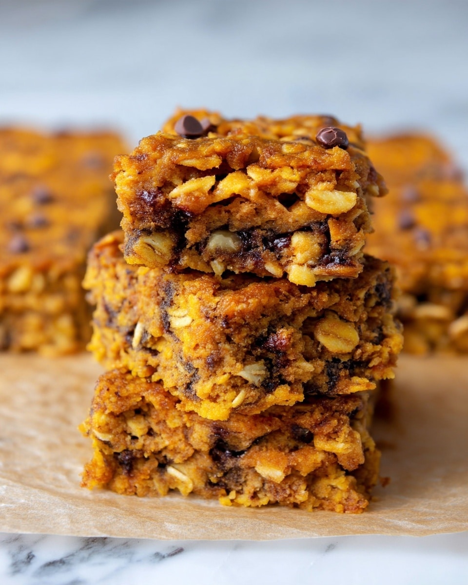 The image shows three stacked rectangular oat bars with a rough, crumbly texture. Each bar has a warm golden brown color with visible pieces of oats and dark chocolate chips mixed throughout. The bars look thick and dense, sitting on a light brown parchment paper. More oat bars can be seen blurred in the background on a white marbled surface. The focus is on the stacked bars, showing their texture and ingredients clearly. photo taken with an iphone --ar 4:5 --v 7