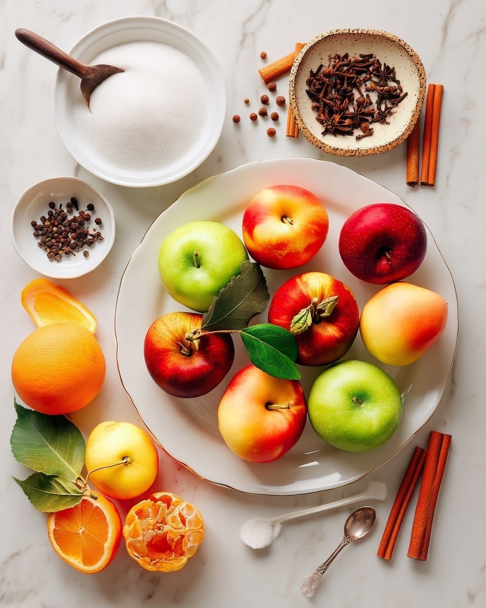 The image shows a white plate filled with various apples in red, green, and yellow colors, some with green leaves still attached. Around the plate are cinnamon sticks and small black peppercorns scattered neatly near the top. To the left, there is a white bowl filled with white sugar, holding a spoon with a dark wooden handle. A whole orange and an orange peeled in half sit on a white plate with a white spoon beside them. A small bowl with brown cloves is placed near the top right. The whole scene is laid out on a white marbled surface with soft natural light. photo taken with an iphone --ar 4:5 --v 7