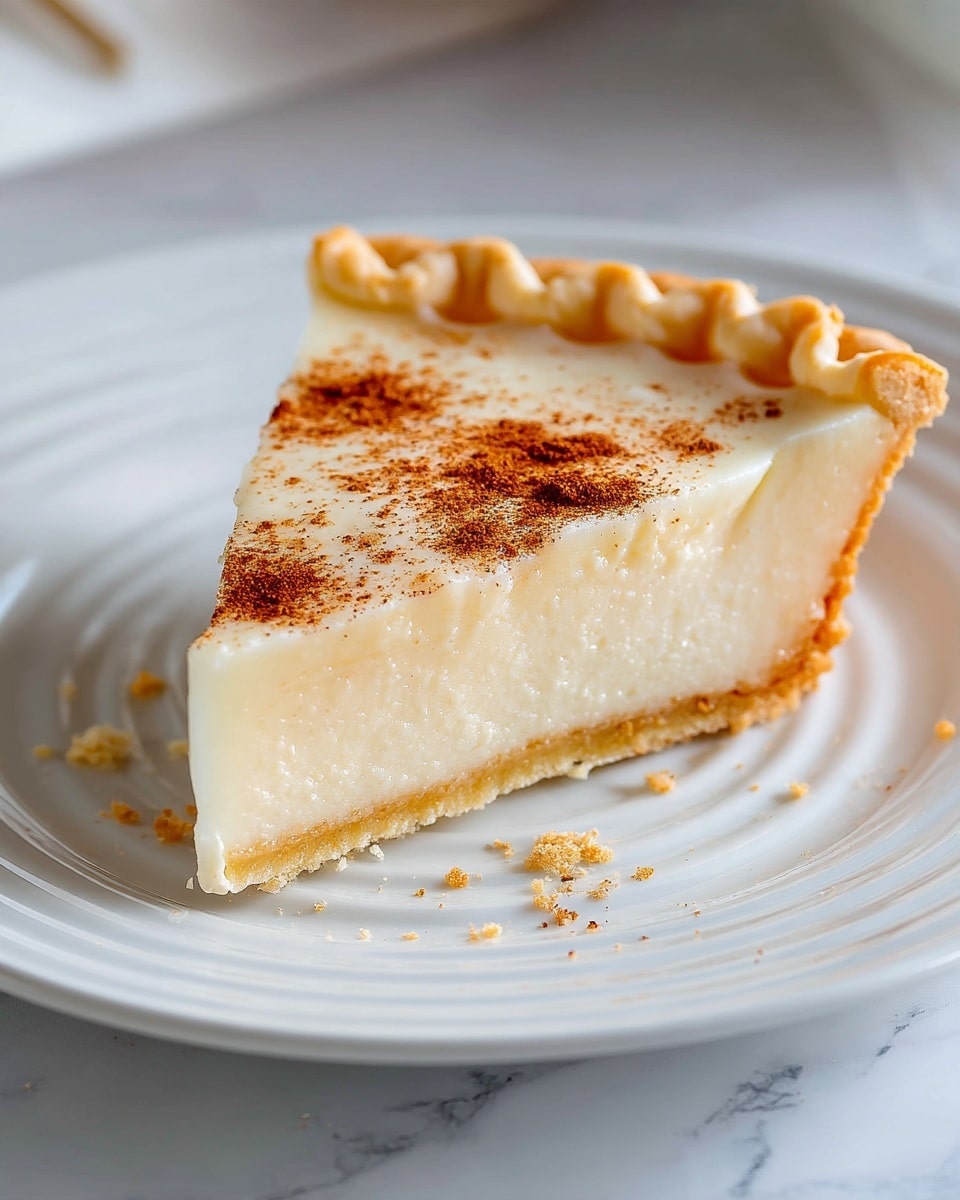 A close-up image of a single slice of pie on a white plate with circular ridges. The pie has two main layers: a thick, smooth, creamy white filling dusted lightly with small bits of brown cinnamon on top, and a thin golden-brown crust at the bottom with a crimped edge around the top border. The slice is centered on the plate, with small crumbs scattered at the base and a white marbled surface background. Photo taken with an iphone --ar 4:5 --v 7