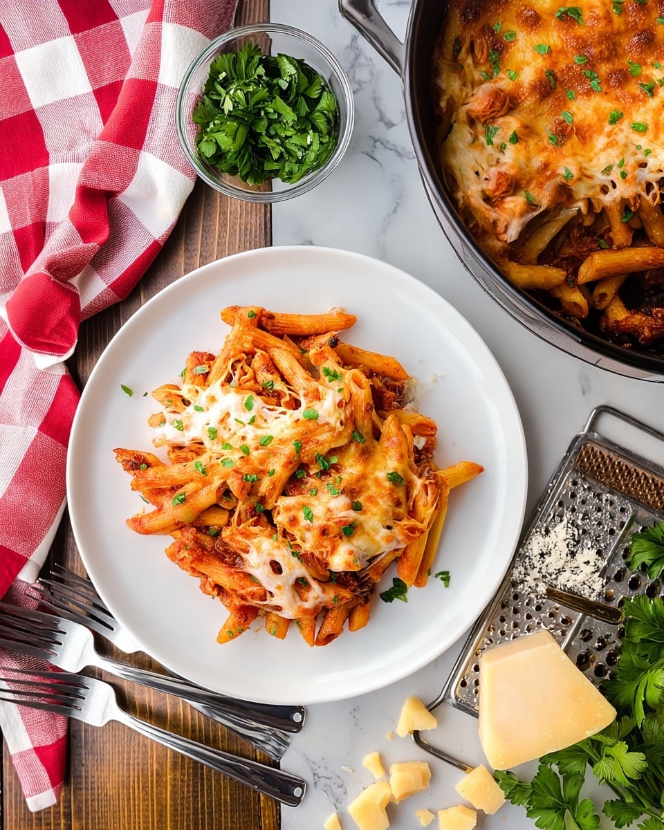 A white plate holds a single layer of penne pasta coated in red tomato sauce, topped with melted, browned cheese that is stretchy in places, with small green herb pieces sprinkled over the top. To the upper left of the plate, there is a small clear bowl filled with chopped green herbs. A red and white checkered cloth is partly seen to the left, and two silver forks lie crossed below the plate on a brown wooden surface. To the right and upper right, a black pot with more of the same pasta dish is visible. Near the pot is a metal cheese grater with a chunk of hard yellow cheese and some grated cheese pieces on the wooden surface next to a small bunch of green herbs. The scene is set on a white marbled texture. photo taken with an iphone --ar 4:5 --v 7
