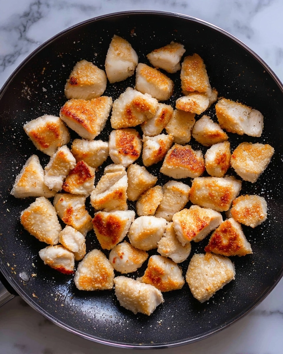 The image shows many small, uneven pieces of cooked white meat with a light golden-brown crust on their surfaces. The meat pieces are scattered across a black non-stick pan with a slightly oily texture. The background is a white marbled surface. photo taken with an iphone --ar 4:5 --v 7
