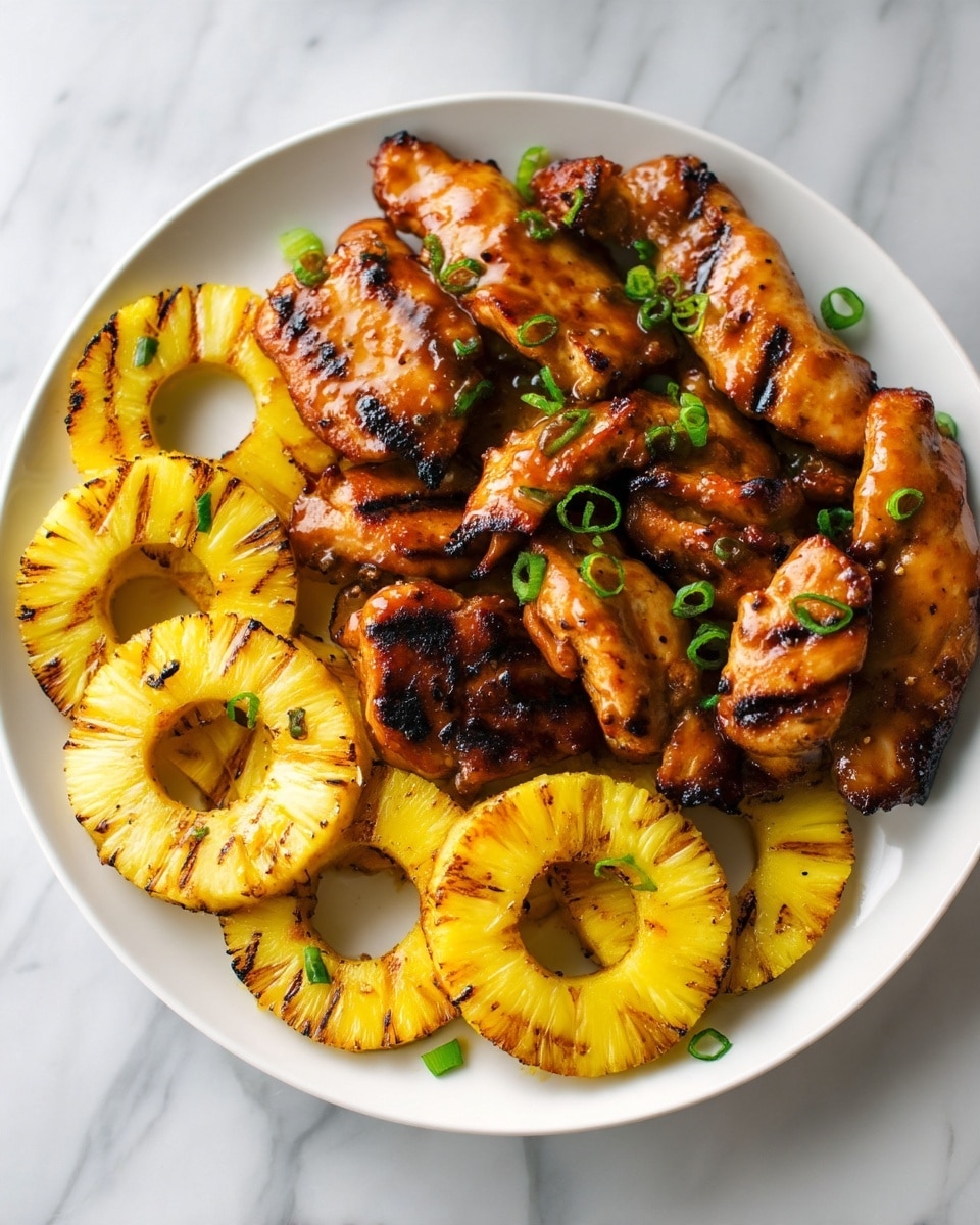 A white plate holds two layers: the bottom layer has grilled pineapple rings with charred marks and a bright yellow color, spread evenly. On top, there is a thick layer of grilled chicken pieces with a shiny, glazed texture in golden brown and darker brown char spots. Small green onion slices are scattered over the chicken, adding a fresh pop of green. The plate sits on a white marbled surface. photo taken with an iphone --ar 4:5 --v 7