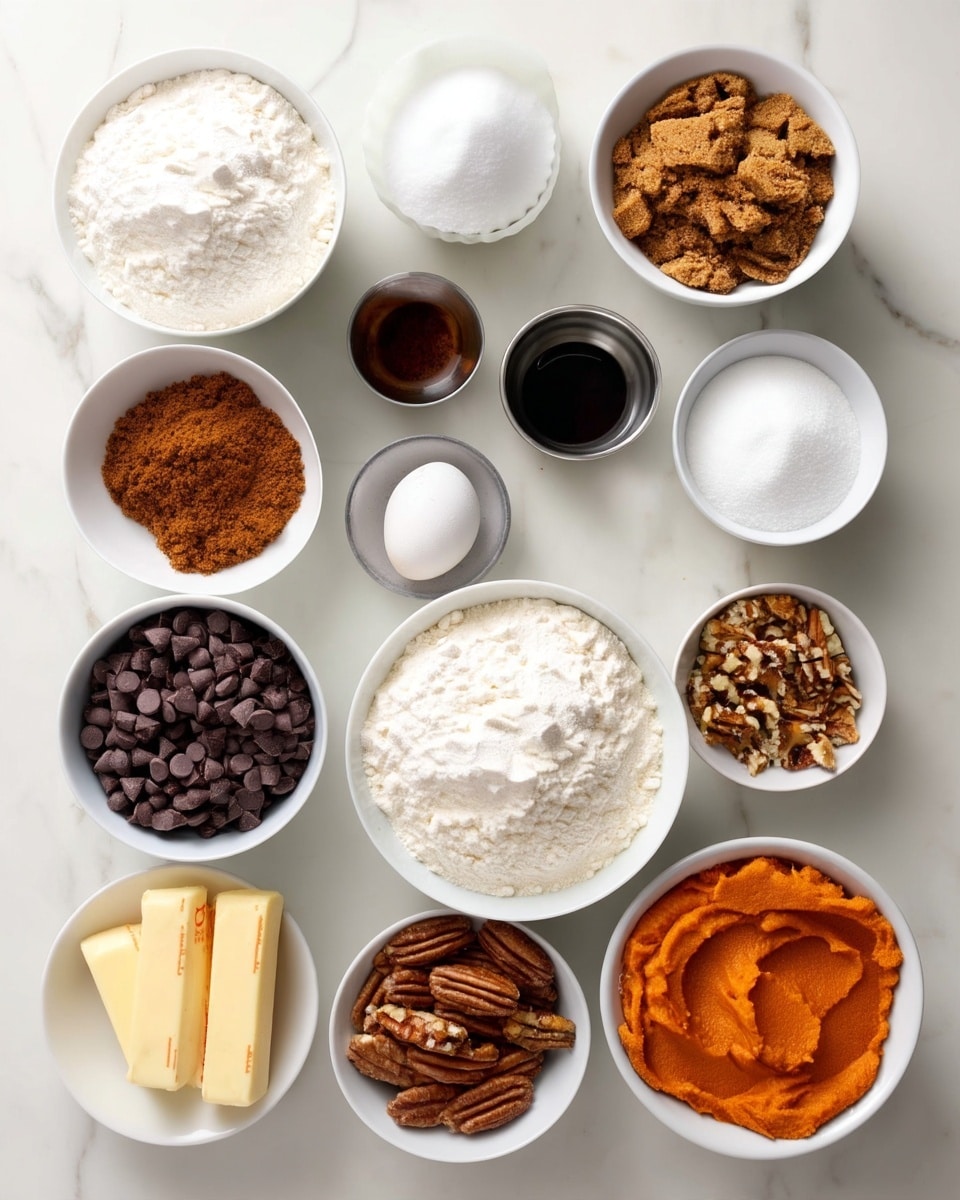 The image shows a white marbled surface with eleven bowls and items arranged neatly, containing various ingredients for baking. Starting at the top center, there is a white bowl filled with fine white sugar. To its right, another white bowl contains brown sugar with a crumbly texture. Below the brown sugar, a small clear bowl holds a dark liquid, likely vanilla extract. Next to this bowl, there is a small clear bowl with white granules, possibly salt, and beside it, a single white egg. Moving left from the egg, a small clear bowl contains a reddish-brown powder, likely cinnamon. Below to the left, there is another small clear bowl with a lighter brown powder, probably ground cinnamon or spice. Beneath this, two sticks of unsalted butter with yellow wrappers lie side by side on the surface. Below the butter, a larger white bowl is filled with flour, showing a soft and powdery texture. To the right of this flour bowl, a white bowl contains orange pumpkin puree, smooth and cool. Next to the pumpkin puree, a smaller white bowl holds chopped pecans with a mix of tan and brown shades. Finally, near the flour bowl’s bottom left, a white bowl is filled with dark brown chocolate chips, shaped like small drops. A rust-colored cloth is slightly visible on the left edge. The lighting is soft and natural, highlighting the textures clearly photo taken with an iphone --ar 4:5 --v 7