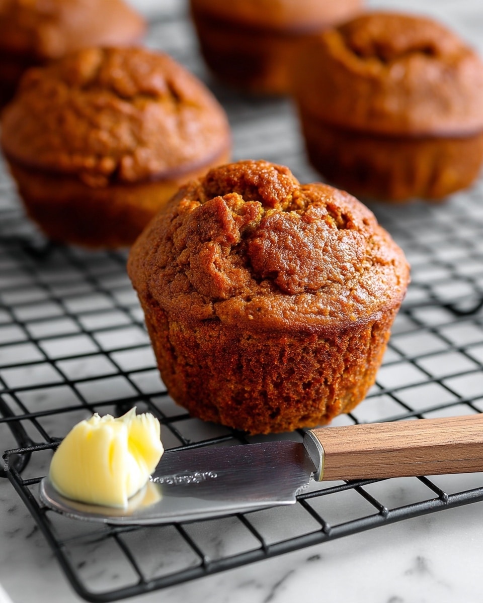 The image shows a close-up of a single brown muffin with a rough textured top and slightly darker sides, sitting on a black cooling rack. Surrounding the main muffin, there are more brown muffins blurred in the background. In front of the muffin, a knife with a wooden handle holds a small dollop of pale yellow butter. The surface beneath the rack is a white marbled texture. The photo taken with an iphone --ar 4:5 --v 7