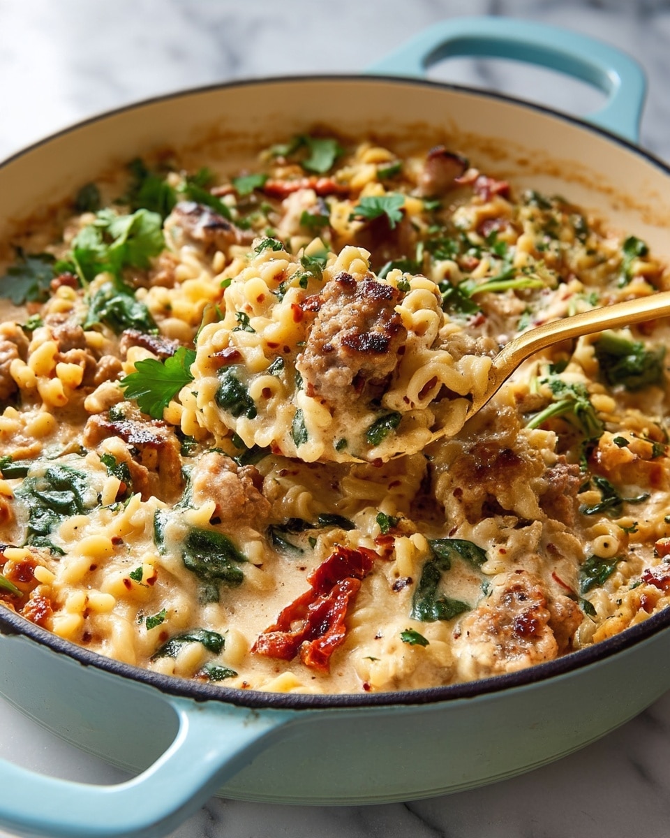 A close-up view of a creamy pasta dish in a round, white cooking pot with a light green exterior sitting on a wooden board over a white marbled surface. The dish has three main layers: a base layer of small, golden, spiral pasta covered in a rich cream sauce, a middle layer of browned pieces of meat mixed throughout, and a top layer of bright green spinach leaves and small chunks of red sun-dried tomatoes scattered evenly. A gold spoon is lifting a scoop from the pot, showing the mixed layers blending together with a smooth, creamy texture. photo taken with an iphone --ar 4:5 --v 7