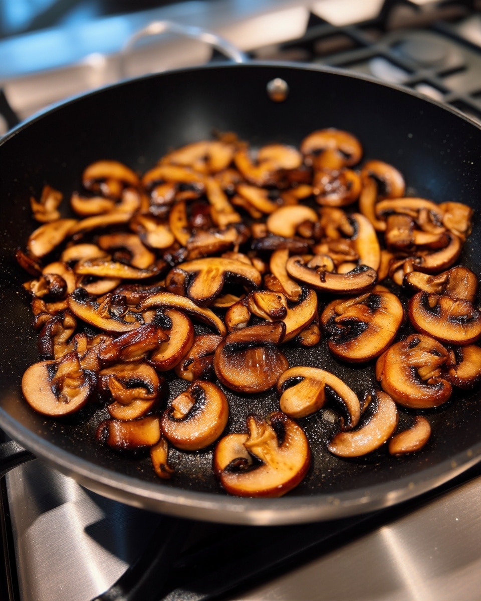 The image shows a close-up of a black frying pan filled with cooked sliced mushrooms. The mushrooms are browned with some darker charred edges, giving a roasted look. They are spread evenly across the pan’s surface, with different shapes and sizes of slices, showing a mix of textures from slightly soft to crisped edges. The background includes a stovetop with metallic and white details. The colors focus on the warm brown shades of mushrooms against the black pan, creating a comforting and savory appearance. Photo taken with an iphone --ar 4:5 --v 7
