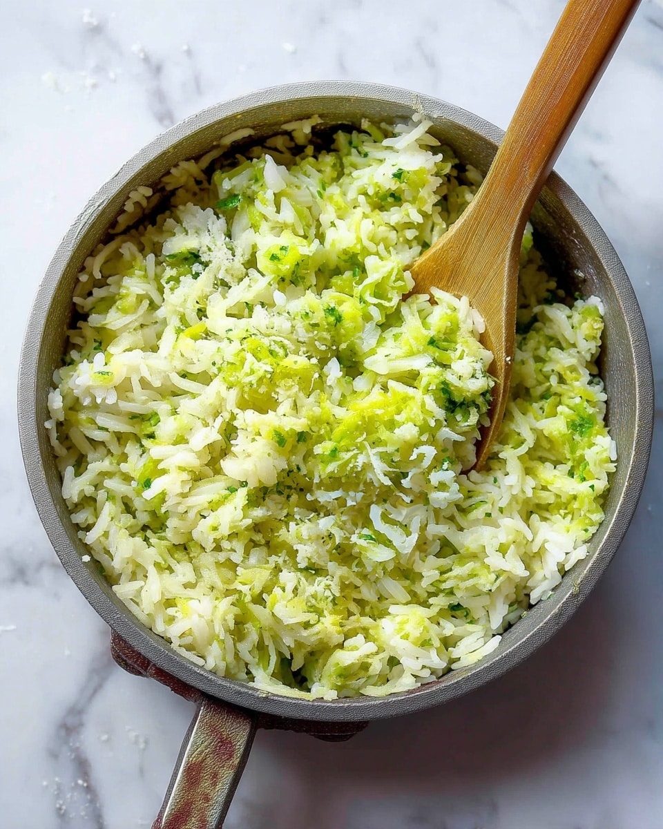 A close-up view of a round metal pan containing mixed rice and green vegetable shreds, appearing fluffy and soft. The rice is white, with bright green bits evenly spread throughout, giving a speckled green and white look. A wooden spoon rests inside the pan, slightly covered by the rice mixture. The pan is set on a white marbled surface, adding a clean and light background for the dish. photo taken with an iphone --ar 4:5 --v 7