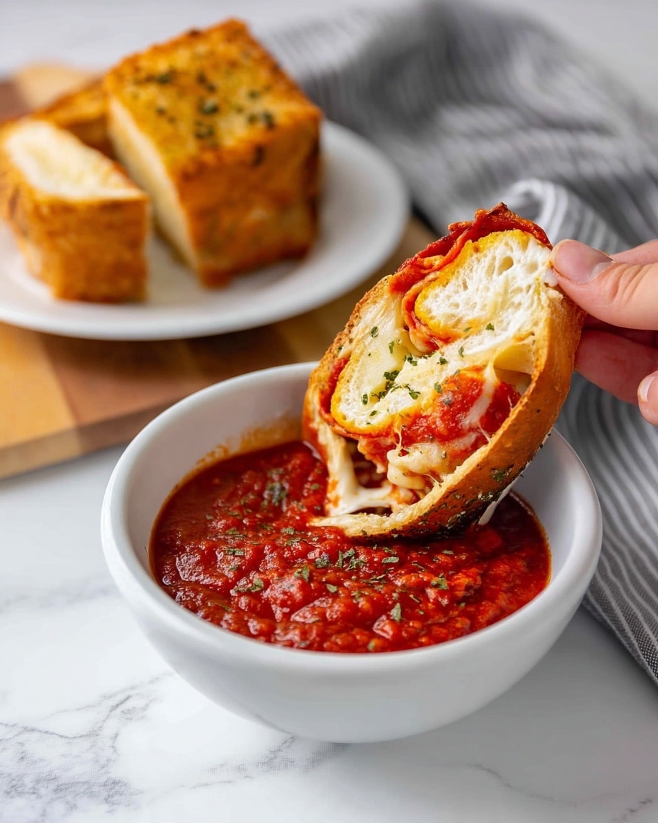 A white bowl filled halfway with thick, red marinara sauce sits on a white marbled surface. Inside the bowl, a golden brown baked sandwich slice is dipped, showing three layers: a crispy outer crust with sprinkled herbs, a soft white bread layer inside, and bright red marinara sauce with melted white cheese running through the middle. Behind the bowl, a white plate on a wooden board holds more of the sliced sandwich. A woman's hand is partly visible, holding the sandwich slice. A gray-striped cloth is softly draped in the background. Photo taken with an iphone --ar 4:5 --v 7
