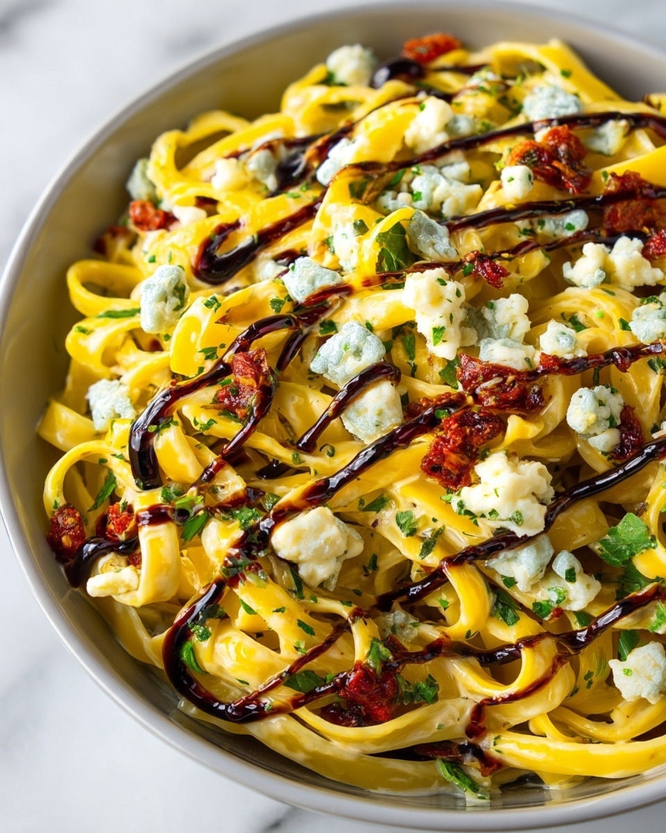A close-up view of creamy pasta with long, flat yellow noodles twisted and mixed throughout the dish. It's layered with small chunks of white and blue cheese crumbles, scattered green herbs, and bits of red sun-dried tomatoes. The pasta is drizzled with thin dark brown sauce lines, giving it a glossy look. There are some green fresh leaves peeking through the noodles, adding more color. The dish is in a clear bowl on a white marbled surface. photo taken with an iphone --ar 4:5 --v 7