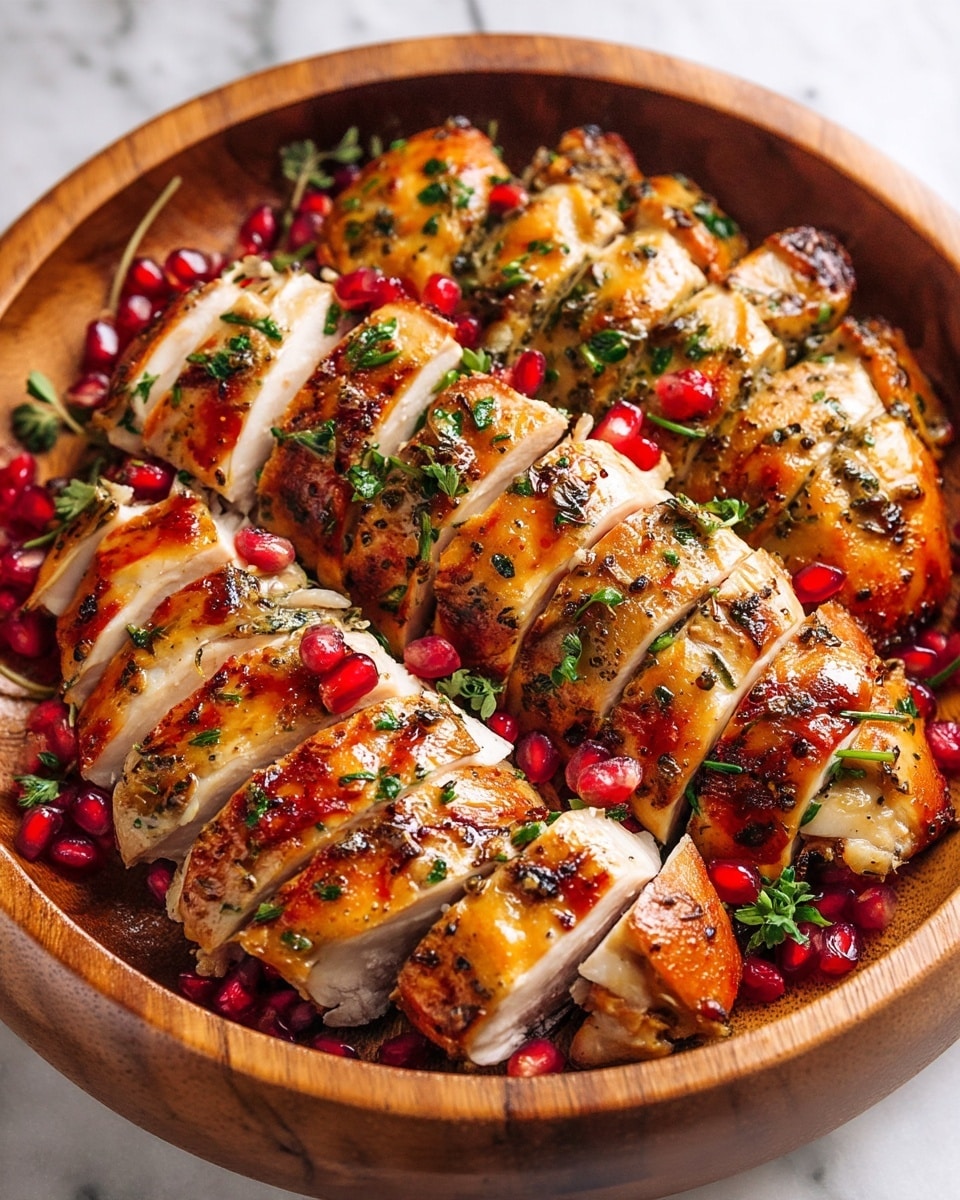 A wooden round plate holds a grilled chicken dish arranged in layers: at the base, green mint leaves and red pomegranate seeds scattered around; on top, sliced chicken pieces with golden-brown grilled marks take up the center-left side; on the right side, two whole grilled chicken wings with a shiny, crispy texture; near the bottom right, a grilled chicken drumstick with a similar golden crispy surface; pomegranate halves placed on the right edge add bright red color; in the upper right corner, a white bowl with brown sauce is partially visible on a white marbled textured surface with a blue cloth nearby. photo taken with an iphone --ar 4:5 --v 7