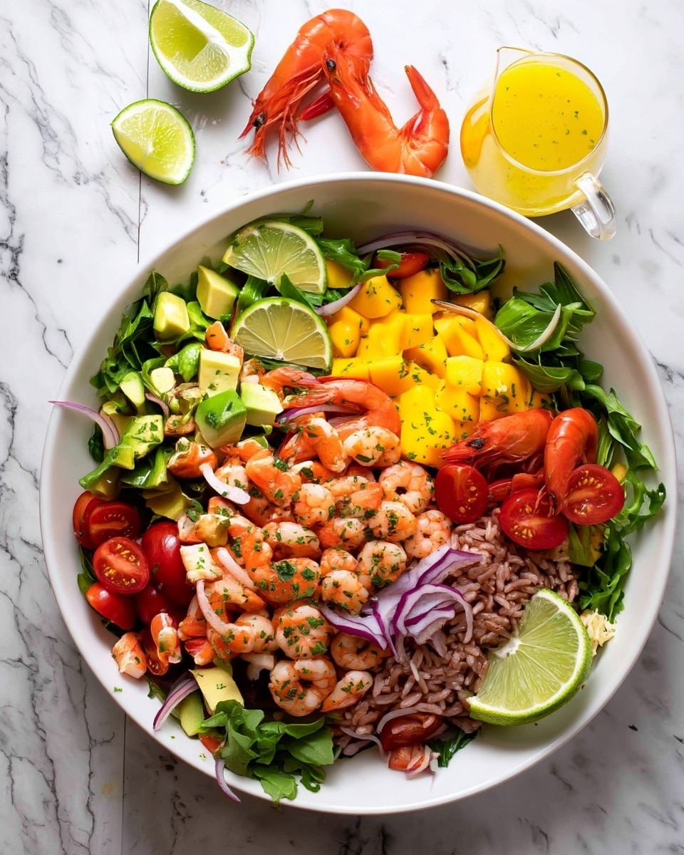 A white bowl filled with a colorful salad showing three main layers: at the bottom, light beige orzo pasta; in the middle, bright pieces of orange shrimp, yellow mango chunks, green avocado cubes, and halved red cherry tomatoes; on top, fresh, vibrant green arugula leaves scattered evenly. A silver spoon is placed inside the bowl, resting on the salad. The bowl is set on a white marbled surface with two lime wedges on a white cloth nearby. In the background, there is a larger white bowl with more salad and stacked white plates with two silver spoons resting on top. A clear glass of water is placed to the right. Photo taken with an iphone --ar 4:5 --v 7