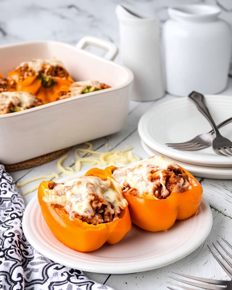 Two orange bell pepper halves are filled with a brown meat mixture and topped with a layer of melted white cheese. They sit side by side on a white plate that rests on a white marbled surface. Behind the plate, a white baking dish holds more stuffed peppers, and there is a white jar and a small stack of white plates with two forks on top, all on the same white marbled surface. Some shredded cheese is scattered near the plate, and a corner of a patterned cloth is visible in the bottom left corner. Photo taken with an iphone --ar 4:5 --v 7