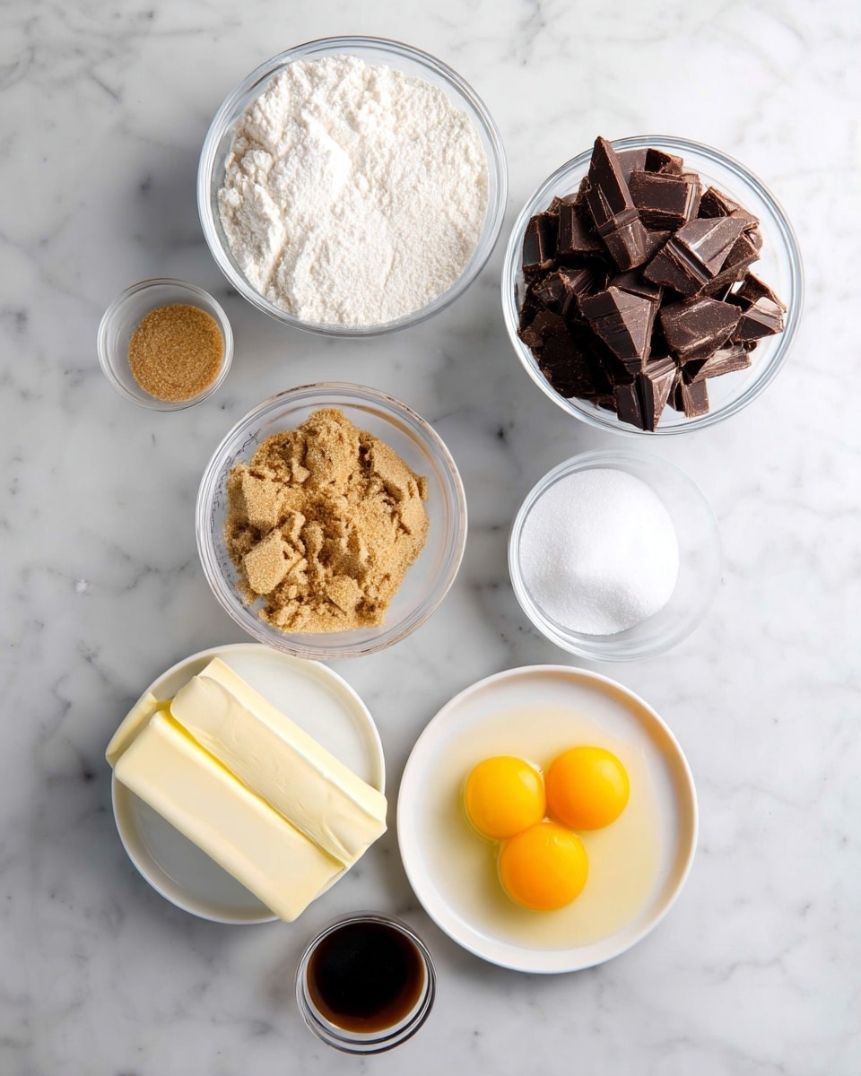 The image shows seven small clear bowls and one white plate on a white marbled surface. The largest bowl at the top center holds white flour, slightly textured but mostly smooth. Below and to the right of it is a bowl filled with dark brown chunks of chocolate with sharp edges. To the left of the chocolate bowl is a small bowl with light brown sugar with a slightly crumbly texture. Next to the brown sugar bowl on the right is another bowl filled with white granulated sugar that looks smooth and even. Above the flour bowl is a tiny bowl with white baking soda powder. On the white plate at the bottom left are two solid sticks of light yellow butter. To the right of the plate is a small clear bowl containing two raw eggs with bright yellow yolks surrounded by clear egg whites. Finally, below the plate to the left of the eggs is a tiny bowl filled with dark brown vanilla extract liquid. All the items are neatly arranged and evenly spaced on the surface. Photo taken with an iphone --ar 4:5 --v 7