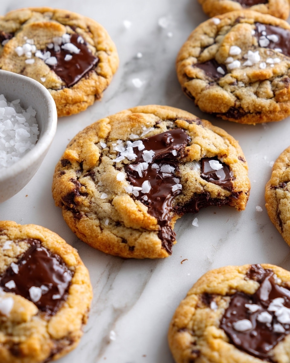 A close-up view of several chocolate chip cookies resting on a white marbled surface, with one cookie in the center showing a bite taken out, revealing a soft beige dough with melted dark brown chocolate chunks and sprinkled with white sea salt flakes on top. Near the cookies, there is a small white bowl filled with coarse white salt. The cookies have a slightly rough texture with uneven edges and visible chocolate pieces melted on the surface. The scene is bright and focused with a soft background blur. Photo taken with an iphone --ar 4:5 --v 7