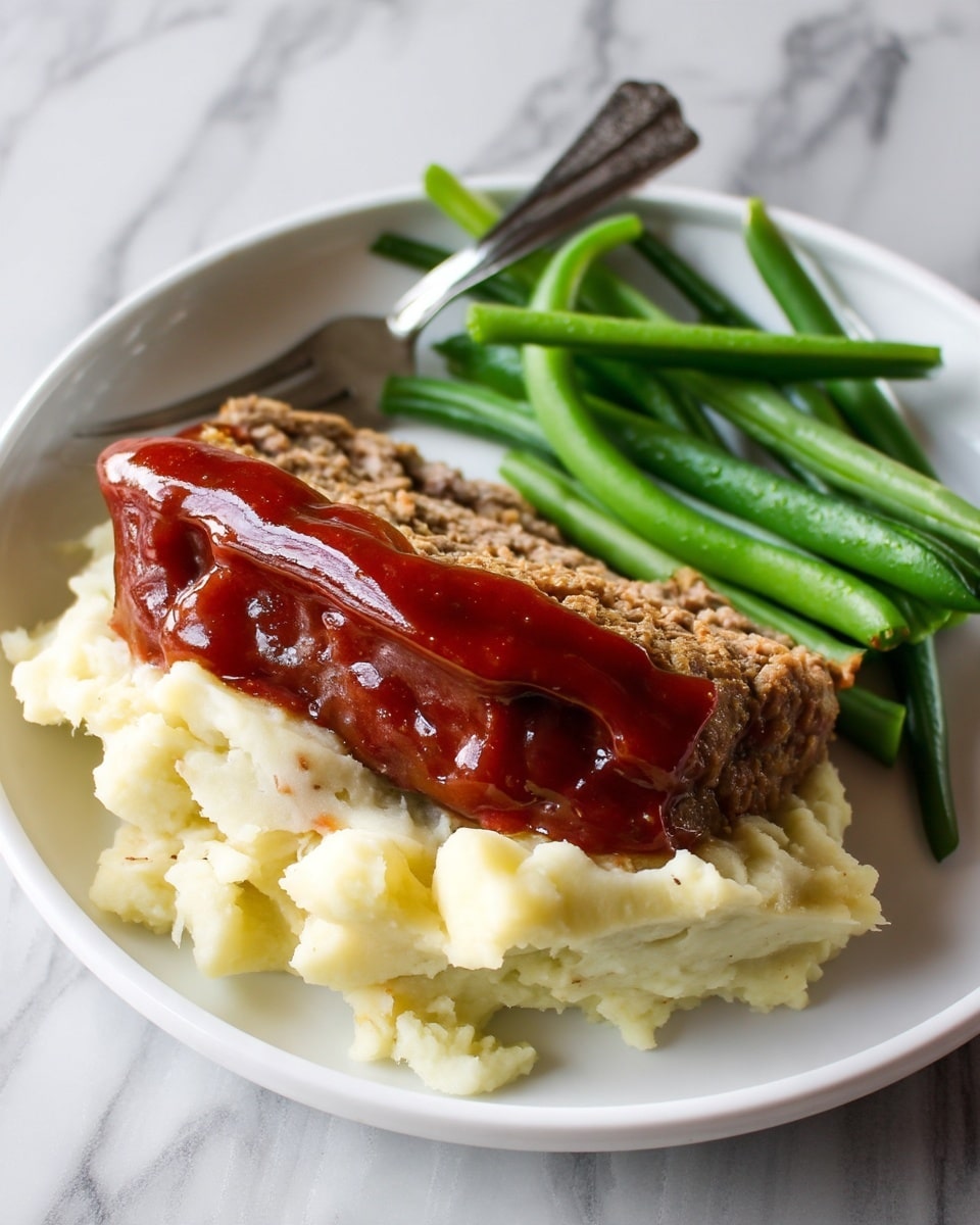 A white plate on a white marbled surface holds a meal with three main parts: a thick layer of creamy mashed potatoes at the bottom, topped with a large, thick slice of brown meatloaf that has a shiny reddish glaze on the side facing the viewer, and a neat pile of fresh green beans on the upper right side of the plate. A silver fork rests behind the green beans, pointing toward the top left corner. The textures show soft mashed potatoes, a crumbly but firm meatloaf, and crisp green beans. The photo taken with an iphone --ar 4:5 --v 7