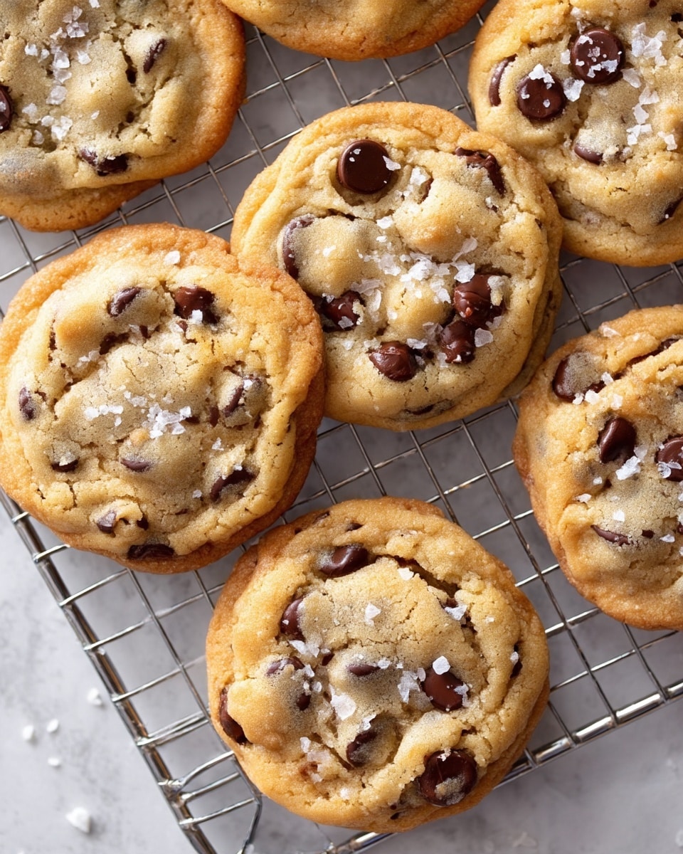 A group of light golden brown chocolate chip cookies with a soft and slightly cracked texture lie close together on a metal wire cooling rack, sprinkled lightly with coarse sea salt flakes. Each cookie is round with visible dark chocolate chips embedded throughout, and the edges appear slightly crisp while the center looks tender. The background surface is a white marbled texture, adding a clean and bright contrast to the warm colors of the cookies. photo taken with an iphone --ar 4:5 --v 7