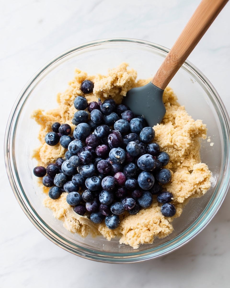 A clear glass bowl sits on a white marbled surface, filled with light beige dough that has a crumbly texture. On top and mixed slightly into the dough are many plump, deep blue blueberries with a matte finish. A wooden spatula with a gray silicone head rests inside the bowl, partly covered by the dough and berries, positioned towards the right side. The overall scene is bright and clean, highlighting the contrast between the pale dough and dark blueberries. photo taken with an iphone --ar 4:5 --v 7