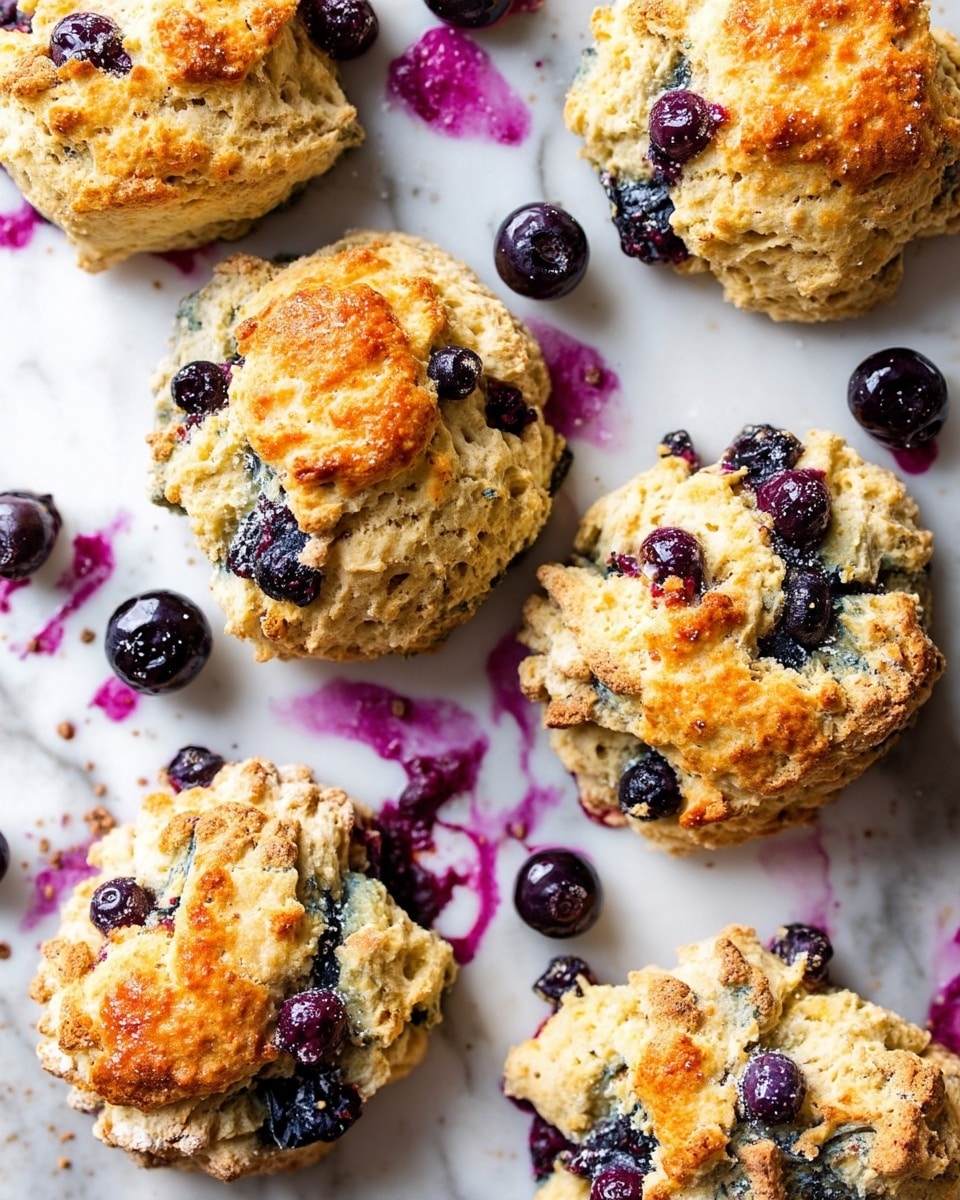 The image shows two stacked blueberry scones on a white marbled surface. The top scone is broken in half, showing a soft, crumbly inside filled with dark purple blueberries bursting with juice. The bottom scone is whole, golden brown with a rough, crumbly texture and visible blueberries peeking through the surface. In the background, out of focus, there are pink flowers that add a gentle touch to the scene. Photo taken with an iphone --ar 4:5 --v 7