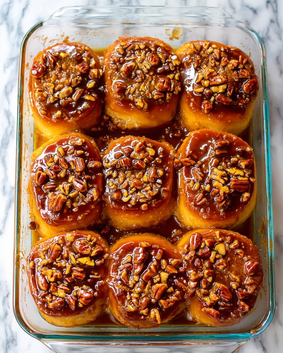 The image shows eight pieces of sticky pecan-topped cinnamon rolls arranged closely in a clear glass baking dish. Each roll has a thick top layer covered with a dark brown caramel glaze and chopped pecan nuts that add a textured, uneven surface. The sticky glaze pools slightly around the sides and bottom of each soft, golden-brown roll, giving a shiny, rich look. The rolls are tightly packed together, filling the glass dish, which sits on a white marbled surface. photo taken with an iphone --ar 4:5 --v 7
