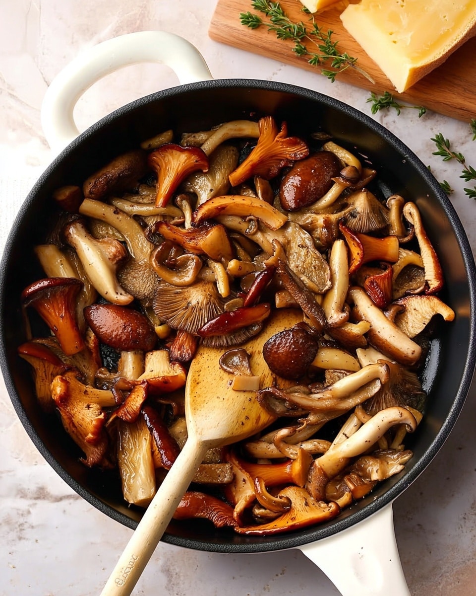 A black pan with white handles is filled with cooked mixed mushrooms that have shades of brown, beige, and light tan. The mushrooms are varied in shapes and sizes, some long and thin, others thicker and rounder, with their cooked textures showing slight crisp edges and tender centers. A wooden spoon with a pale, smooth surface rests in the pan, partly covered by the mushrooms, and there are small bits of herbs or seasoning visible among the mushrooms. The pan sits on a white marbled surface, and a chunk of yellow cheese along with a pepper grinder can be seen blurred in the background photo taken with an iphone --ar 4:5 --v 7