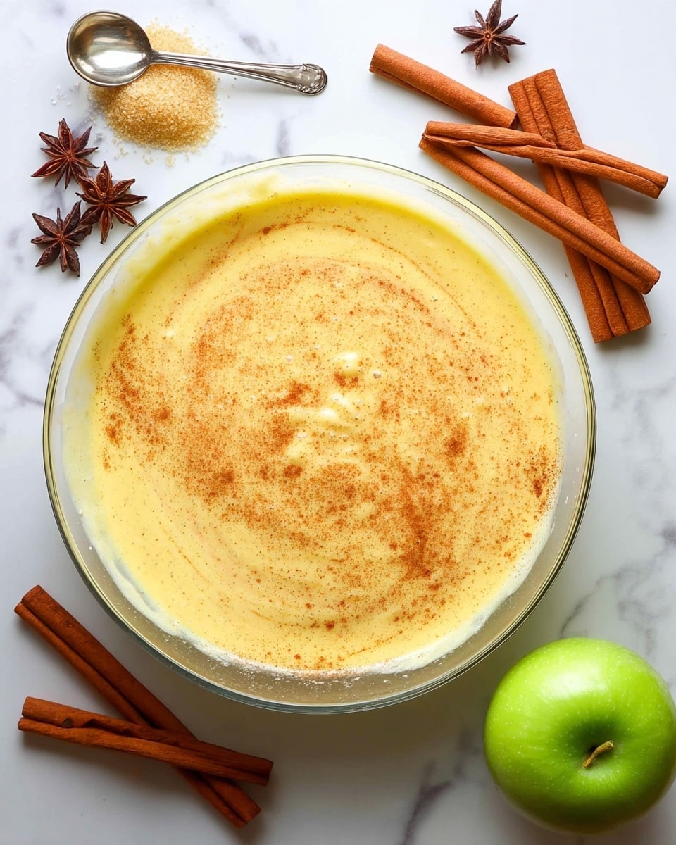 A large clear glass bowl filled with a light yellow, creamy batter swirled gently with a fine dusting of cinnamon or spice on top, creating subtle darker orange lines in the mixture. Around the bowl on a white marbled surface are three cinnamon sticks and three star anise pieces to the upper left, a silver tablespoon and teaspoon beside a heap of light brown sugar, a bright green apple on the right, and an amber-colored jar or container partially in view at the bottom right. The batter is smooth with slight bubbles indicating it is well mixed, the bowl filling almost to the top. Photo taken with an iphone --ar 4:5 --v 7