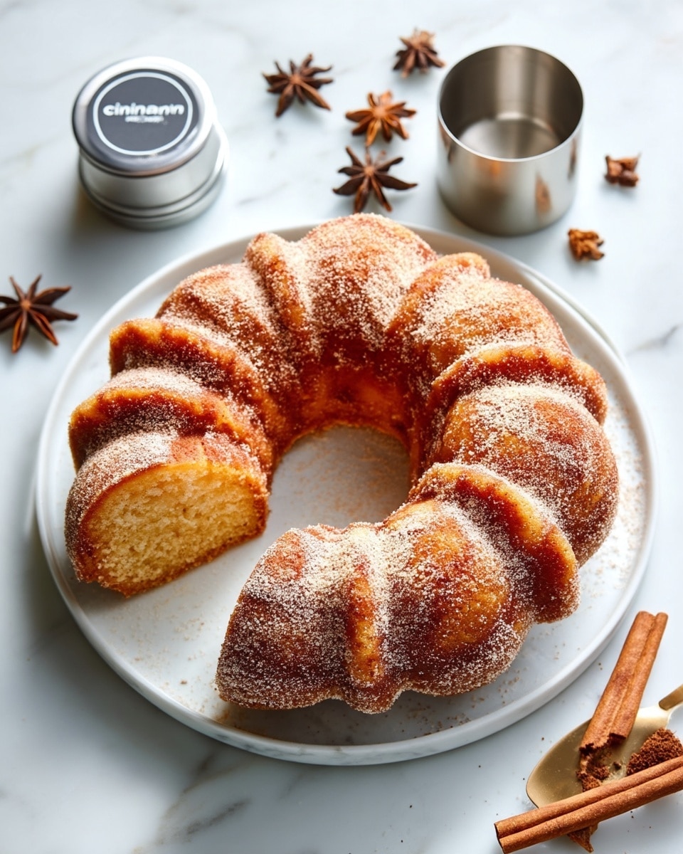 The image shows a round bundt cake with eight thick, curved sections, coated in a light layer of cinnamon sugar that gives it a slightly rough texture. One slice is removed, revealing the light golden brown inside of the cake. The cake sits on a white plate, placed on a white marbled surface. Around the cake, there is a silver container labeled