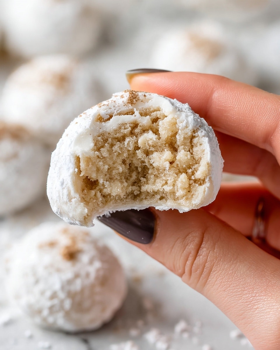 A close-up image shows a woman's hand holding a round cookie with a white powdered sugar coating. The cookie has a soft, crumbly inside with a light beige color, visible due to a bite taken from it. The powdered sugar layer is thin and smooth, covering the entire outer surface. The background is softly blurred with more white powdered sugar cookies out of focus, all on a white marbled surface. The photo taken with an iphone --ar 4:5 --v 7