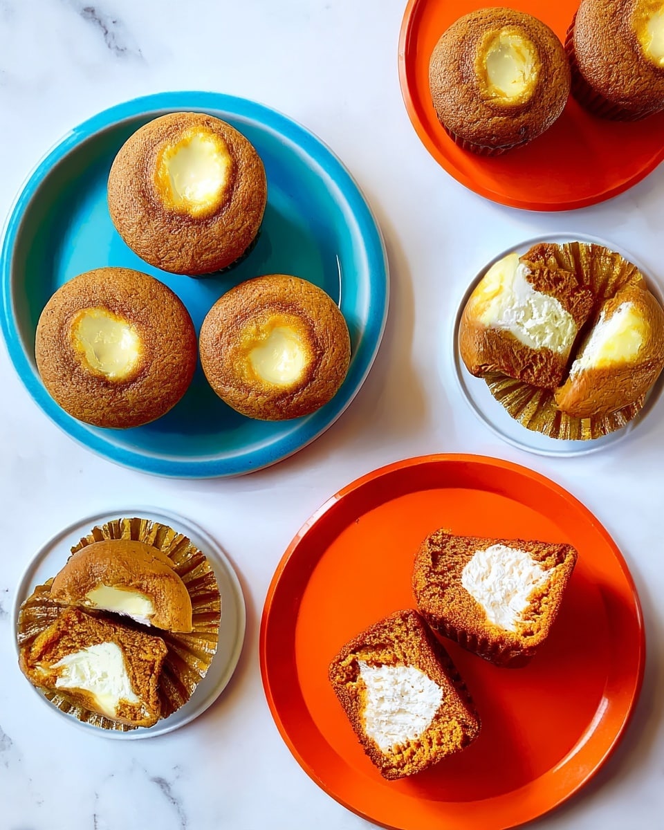 The image shows several golden brown muffins with a light cream filling in the center. Three muffins sit on a bright blue plate on a white marbled surface, each with a smooth, rounded top and a creamy round center. Two halves of a muffin are on two small white plates, revealing a soft golden brown inside mixed with white cream swirled through the dough, showing two distinct layers and a fluffy texture. Another orange plate holds two whole muffins with the same creamy center. The colors are warm with golden brown muffin tops and white cream, all placed neatly on the white marbled surface. photo taken with an iphone --ar 4:5 --v 7