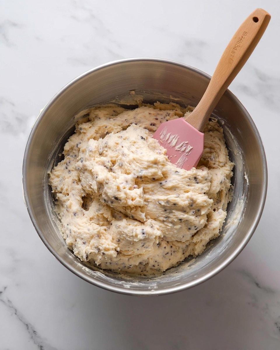 A large silver mixing bowl sits on a white marbled surface, filled with pale beige dough that has small dark specks spread throughout. Inside the bowl, a wooden spatula with a soft pink silicone head leans, partially covered in the same dough. The texture of the dough looks soft and slightly sticky, resting mainly at the bottom and center of the bowl. Photo taken with an iphone --ar 4:5 --v 7